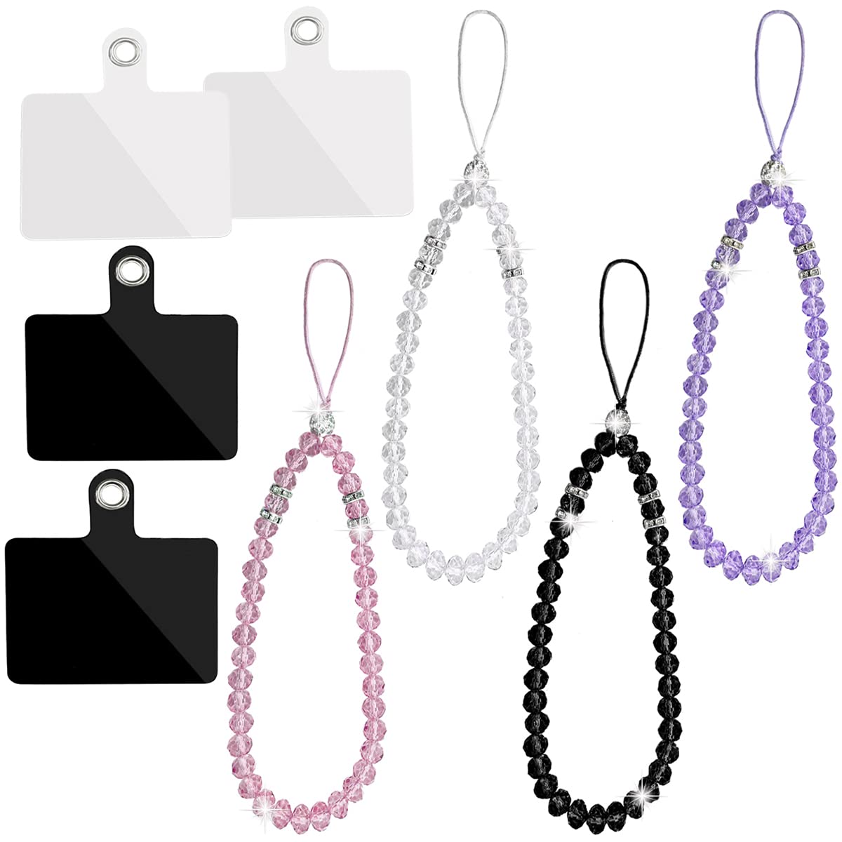 4 Colors Crystal Beads Mobile Phone Lanyard Strap + 4 Pieces Phone Tether Tab Sticker Pad, Colorful Bling Short Hand Wrist Lanyard Necklace Hanging String for Girl Women Mobile