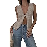 Fernvia Women's V Neck Sleeveless Button Down Crochet Vest Top