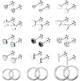 Staligue 15 Pairs Surgical Steel Earrings for Women Men Flat Back Earrings Hypoallergenic Opal Ball CZ Hoop 20 Gauge Earrings Sets for Multiple Piercing Jewelry