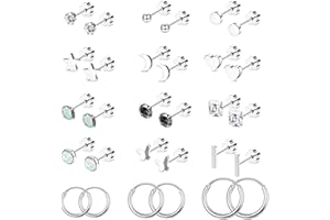 Staligue 15 Pairs Surgical Steel Earrings for Women Men Flat Back Earrings Hypoallergenic Opal Ball CZ Hoop 20 Gauge Earrings Sets for Multiple Piercing Jewelry