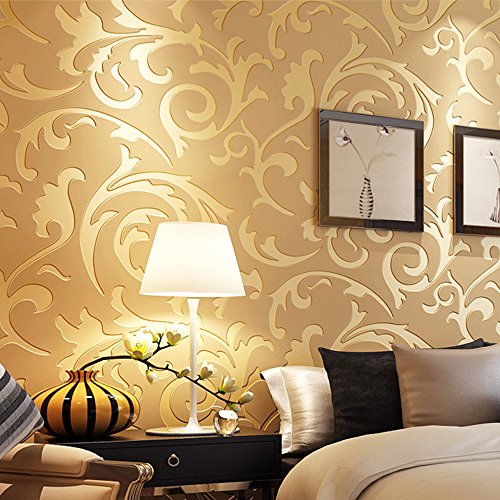 Elaco Home Sticker, 10M Luxury Silver 3D Victorian Damask Embossed Wallpaper Rolls Home Art Decor (Glod)