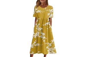 DOPOCQ Women's Summer Crew Neck Shirt Dress Casual Short Sleeve Pleated Flowy Long Maxi Dresses with Pocket