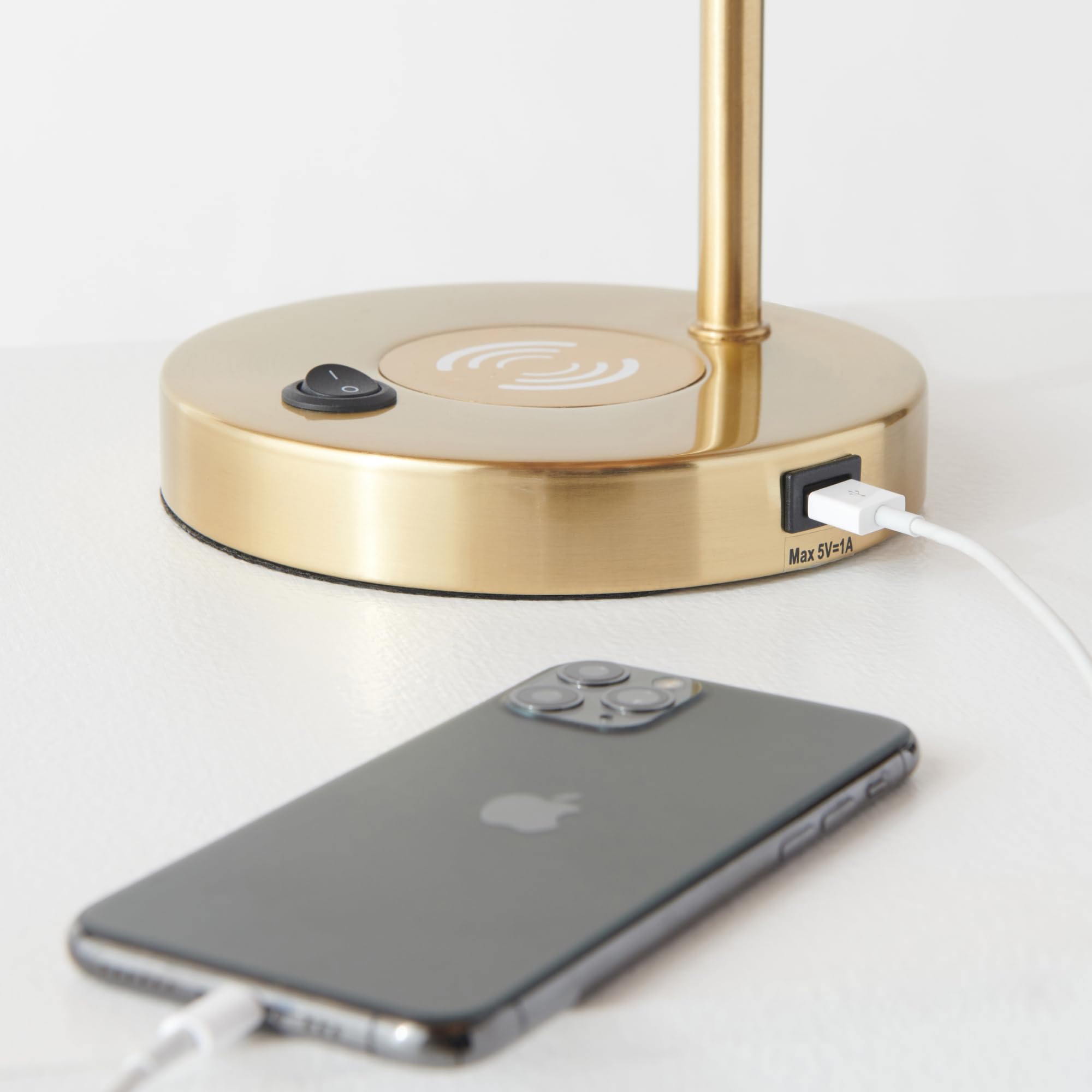 Brightech Elizabeth Table Lamp with Wireless Charging Pad and USB Port, Bedside Reading Lamp, Vintage Brass Gold Desk Lamp, Nightstand Lamp with LED Bulb for Bedroom, Living Room, Office