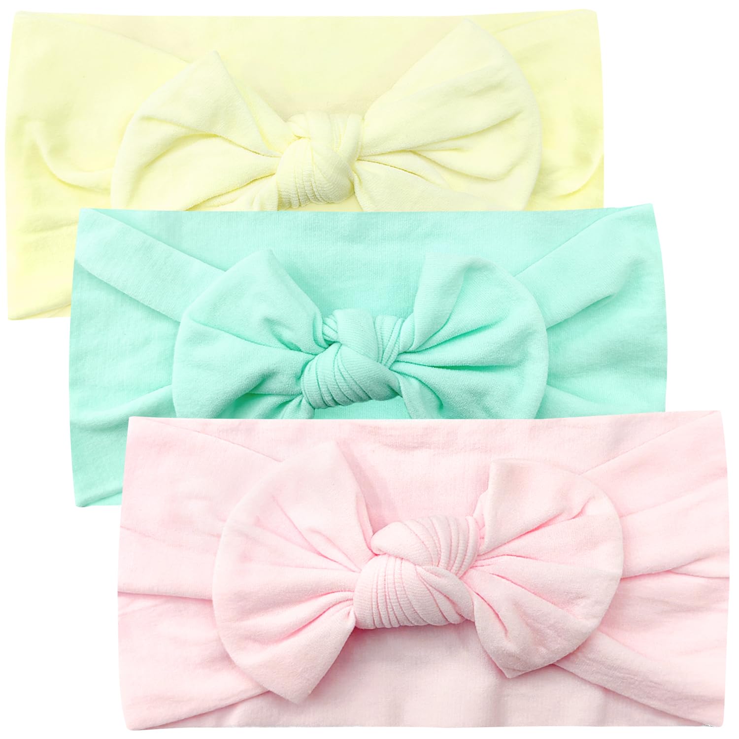 3Pcs Nylon Baby Headband Set with Soft Bows - Turban Style for Newborn Girls and Toddlers (Light Yellow/Mint Green/Light Pink)