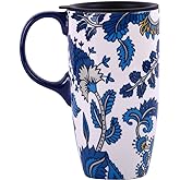Topadorn Ceramic Mug with Lid and Handle,17oz. Tall Coffee Cup for Home,Party and Birthday,Blue Flower