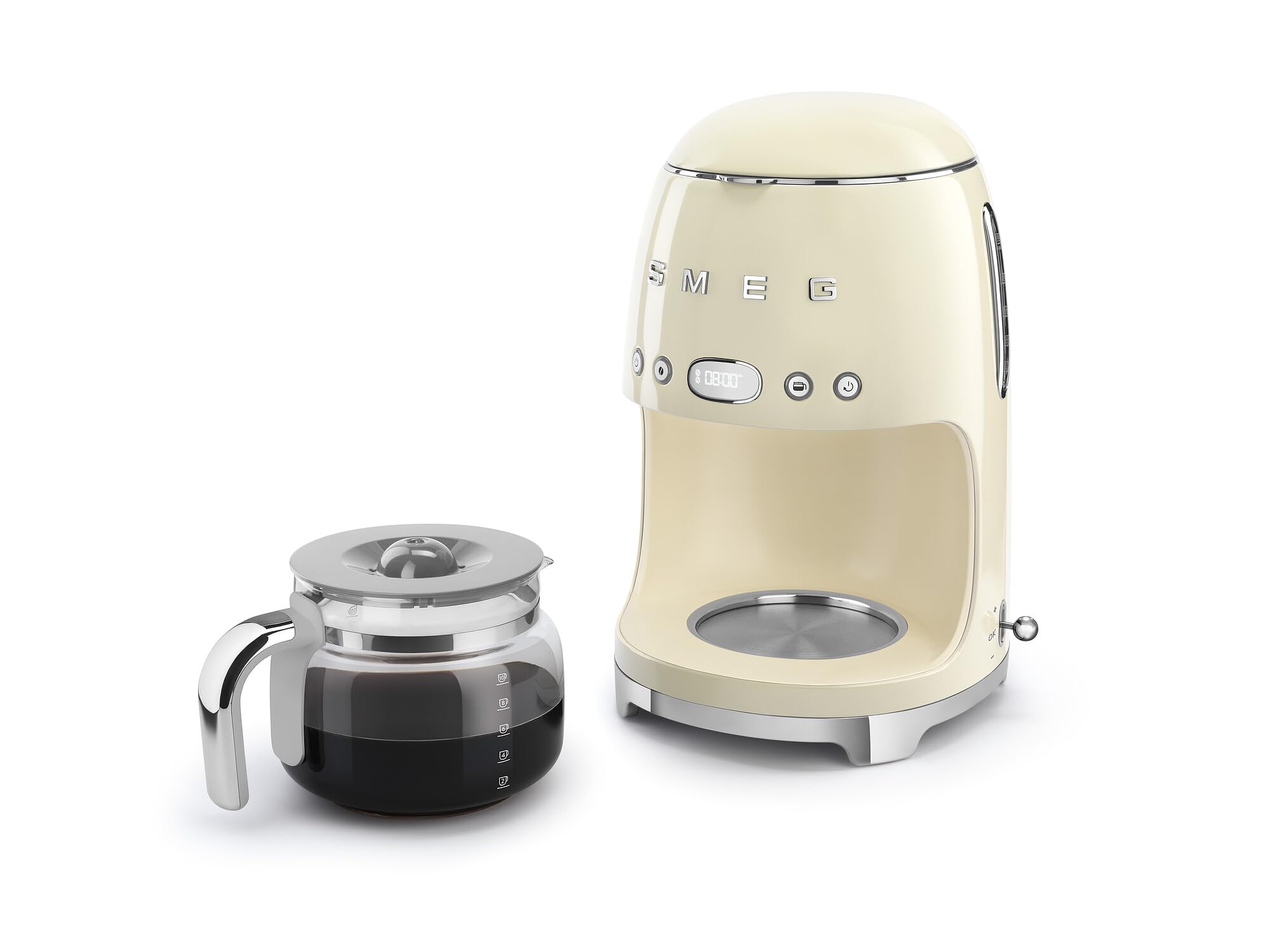 Smeg Cafetera de goteo estética de estilo retro de los años 50 con jarra de vidrio para 10 tazas, función de inicio automático, plato para mantener caliente y dos configuraciones de intensidad del café (crema)