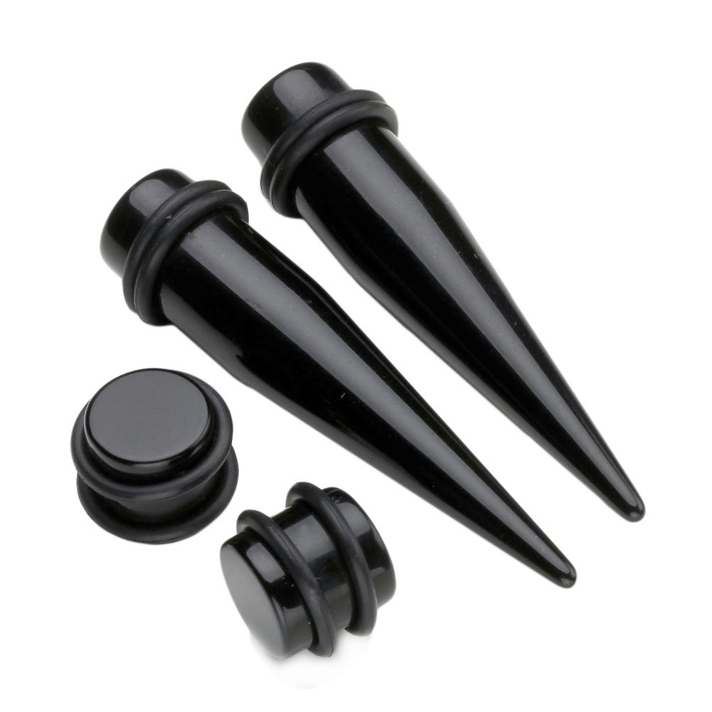 PiercingJak 4pcs 12G-1/2 (2-12mm) Black Acrylic Taper + Straight Plug with O Ring Ear Tapers Plugs Eyelets Stretcher Expander