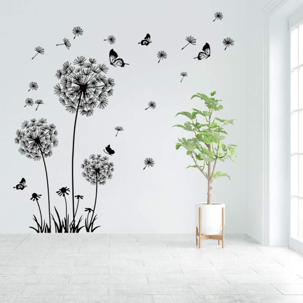 Runtoo Giant Dandelion Wall Decals Flying Flowers Butterflies Wall Stickers Plants Wall Art Living Room Bedroom Decor [Black]