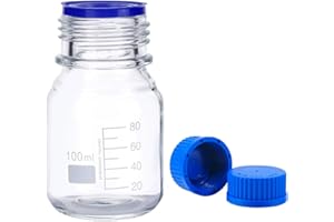 QOAEZK 100ml Reagent Media Bottle, Graduated Glass Round Media Storage Bottle with blue GL45 Screw Cap, Wide Mouth Lab Reagent Bottle, Clear,Pack of 1