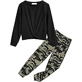 Arshiner Girls 2 Piece Outfits Fashion Twist Front Tracksuit Long Sleeve Pullover Sweatshirt Sweatpants Jogger set Sweatsuit