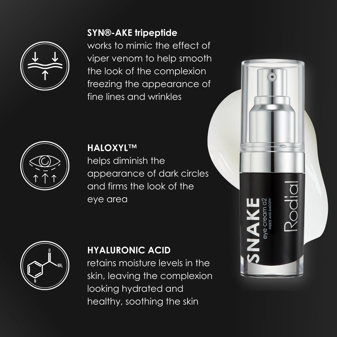Rodial Snake Eye Cream 02 0.51fl.oz, Firming Eye Cream for Wrinkles and Fine Lines, Lightweight and Velvety Cream Formula, Tripeptide Technology for Smooth Skin Tone