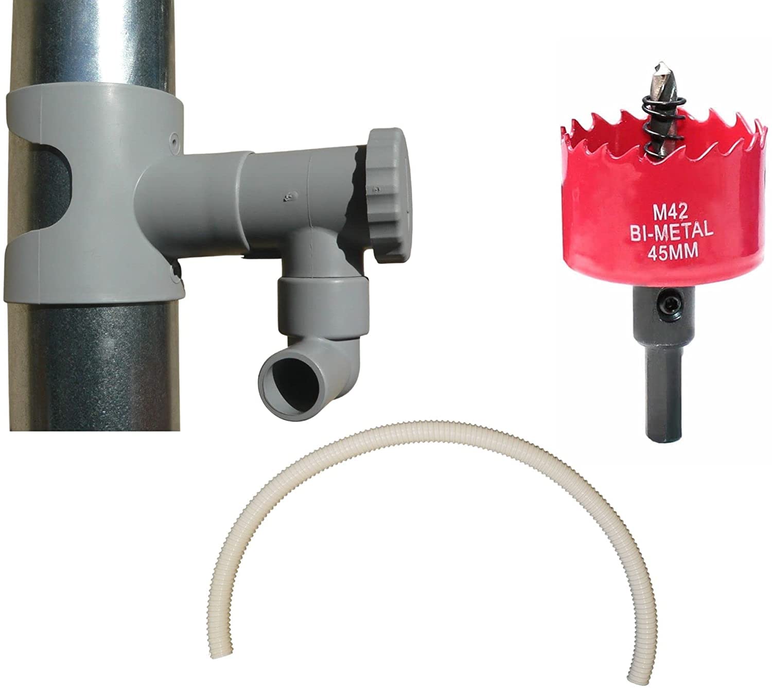 Capt'eau Rainwater Collector for Circular Ducts (Grey) + 60 cm Grey Hose + Premium BI Metal Hole Saw