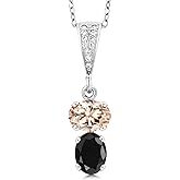 Gem Stone King 925 Sterling Silver Peach Morganite and Black Sapphire Pendant Necklace For Women (2.73 Cttw, Gemstone October Birthstone, Oval 8x6MM, with 18 Inch Chain)