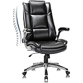 COLAMY Leather Executive Office Chair - High Back Home Computer Desk Chair with Padded Flip-up Arms, Adjustable Tilt Lock, Swivel Rolling Ergonomic Chair for Adult Working Study, Black