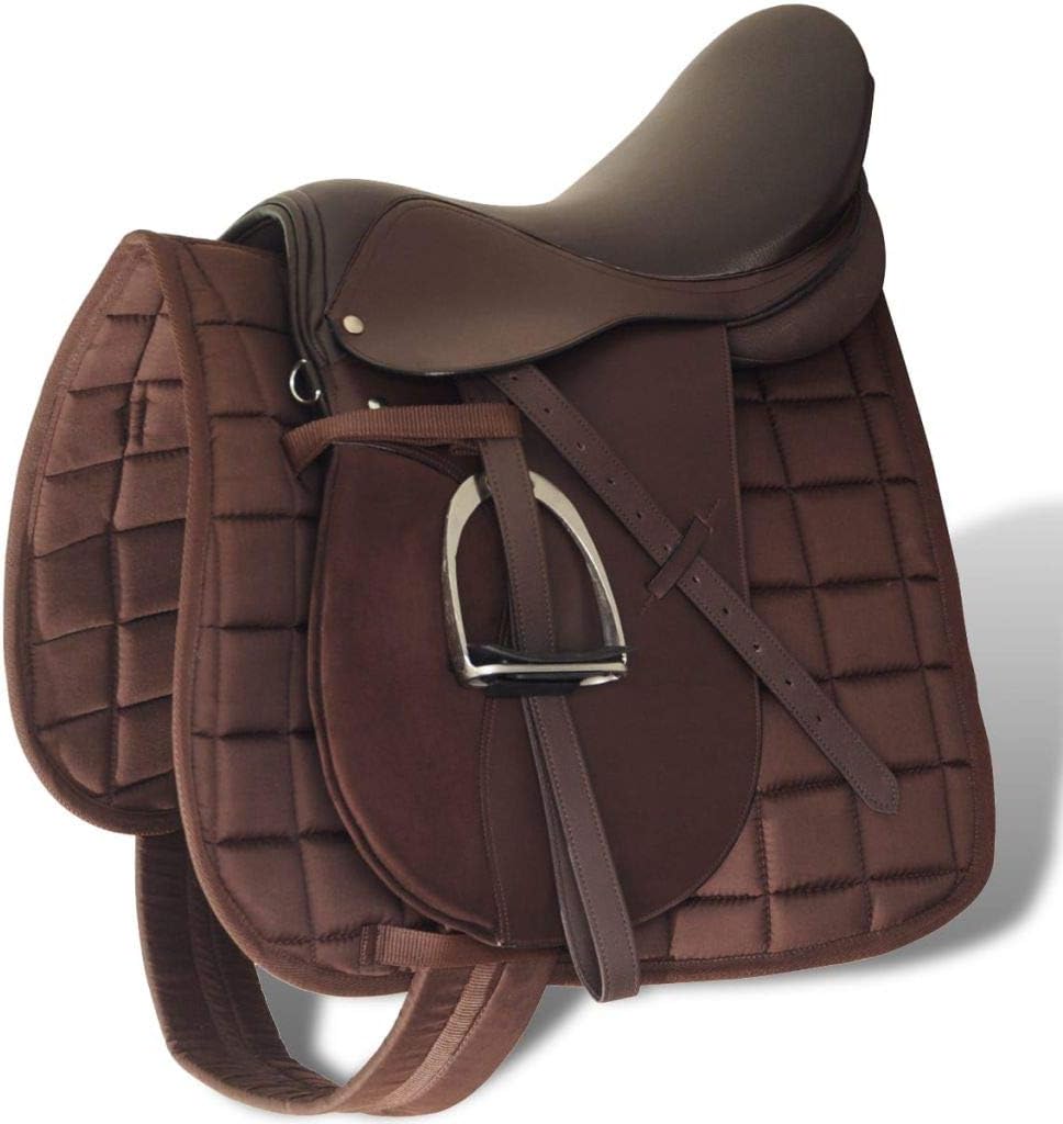 FAMIROSA Horse Riding Saddle Set 17.5 Inches Genuine Leather Brown 12 cm