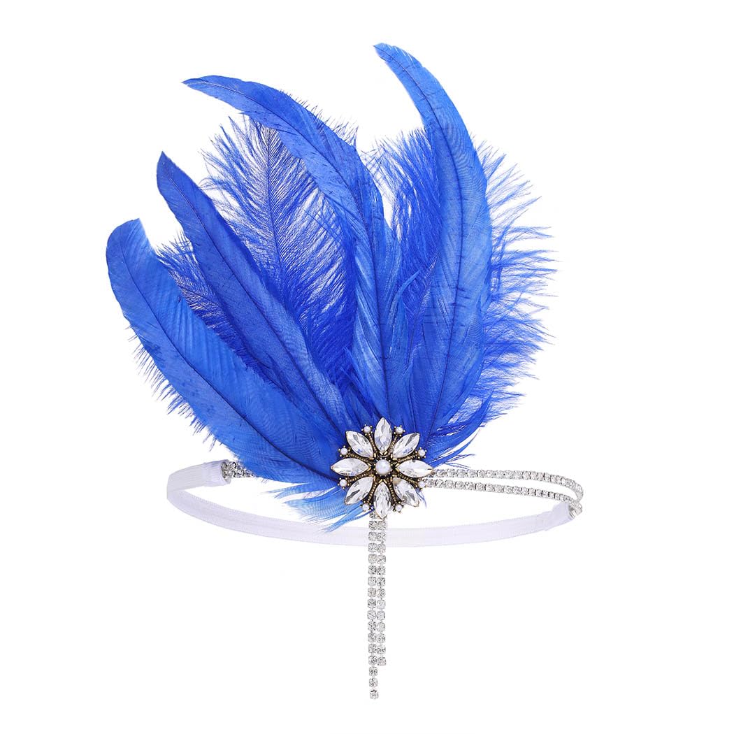IYOU 1920s Feather Flapper Headpiece Royal Blue Crystal Gatsby Headband Prom Wedding Hair Accessories for Women