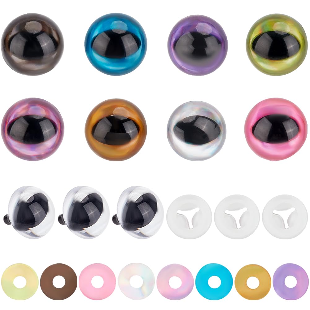Beebeecraft 1 Box 32Pcs 8 Colors Doll Eyeballs 15mm Colored Realistic Plastic Dragon Eyes with Washers for Amigurumi Plush Stuffed Animal Crochet Bear Teddy Crafts Doll Making Supplies