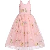 Floral Embroidered Tulle Dress Girls Sleeveless Spaghetti Straps Formal Birthday Wedding Pageant Party Tulle Dresses
