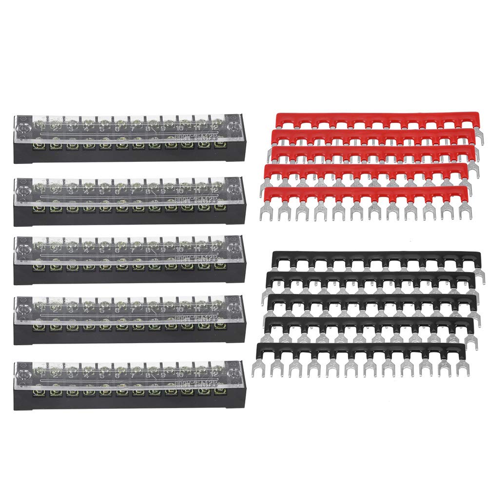5 Sets Terminal Block - 5pcs Dual Row 12 Positions 600V 15A Screw Terminal Block + Pre-insulated Terminal Barrier Strip Spade Fork Wire Connectors Pre-Insulated Terminals Barrier Strip