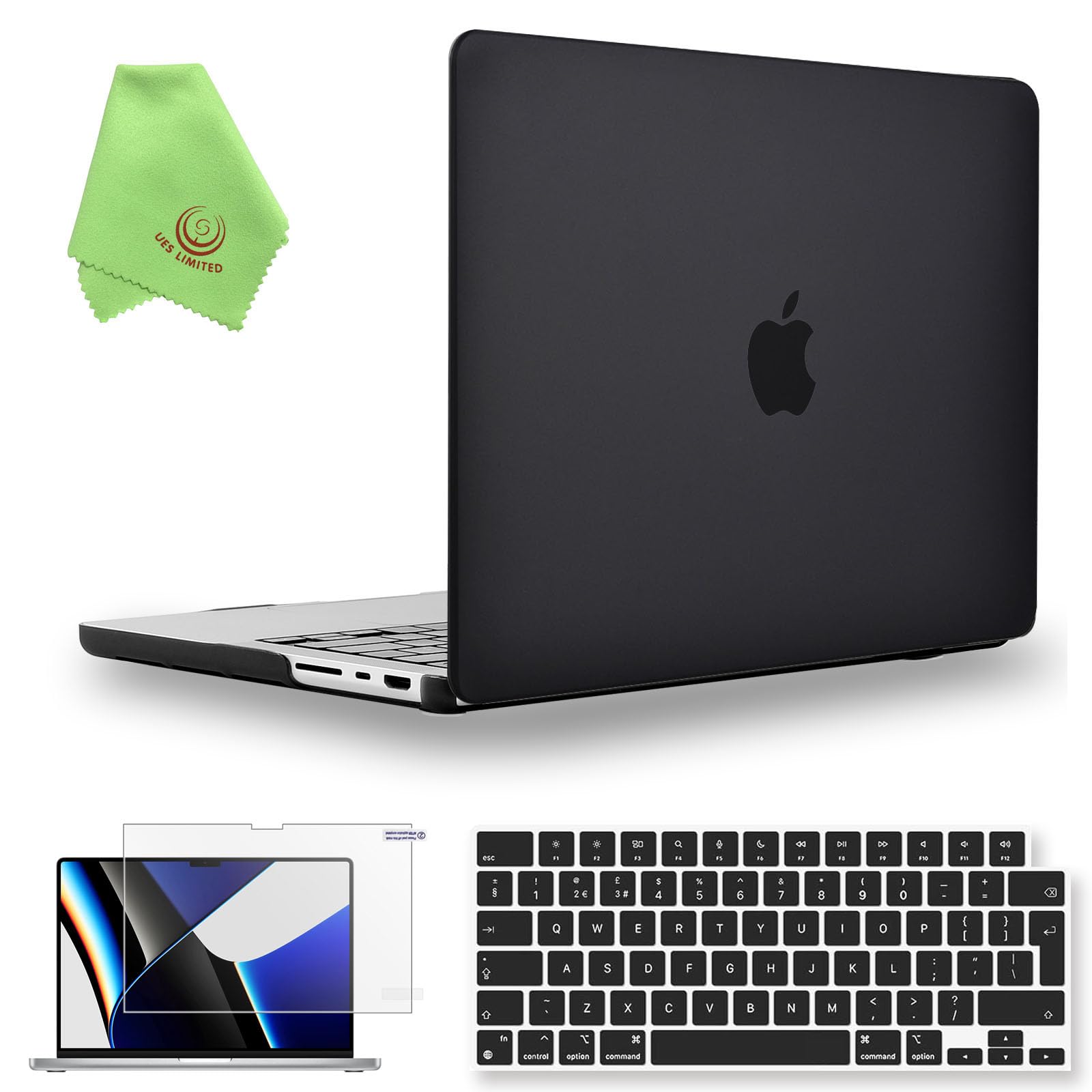 UESWILL 3in1 Compatible with MacBook Pro 16 inch M5 M4 M3 M2 M1 Pro Max chip (2021-2026 Release), Matte Hard Shell Case + UK Layout Keyboard Cover + Screen Protector, Black