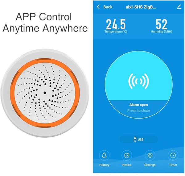 aixi SHS Tuya ZigBee Smart Alarm Sirene Luftfeuchtigkeit Temperatursensor 3 in 1 USB Netzteil Smart Life App Steuerung bentigt ein Tuya ZigBee 3 0 Gateway nicht enthalten