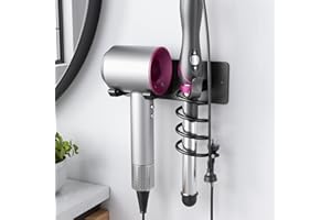 Tindbea Hair Dryer Holder + Curling Iron Holder,Blow Dryer Holder Wall Mount, Bathroom Hair Tool Organizer Rack for Universal Dryer Matte Black