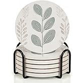 VEYRO Ceramic Coasters Set of 6 – Absorbent Stone Drink Coasters with Holder, Non-Slip Cork Backing, Modern Marble Look Coasters for Coffee Table, Desk & Home Decor