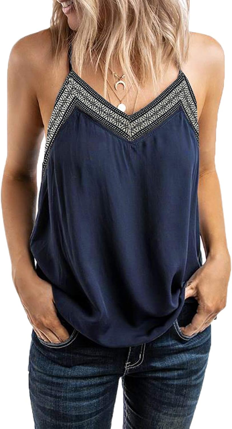 BLENCOT Women's V Neck Strappy Embroidery Tank Tops Loose Casual Sleeveless Shirts Blouses