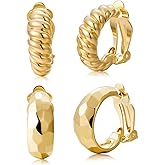 Clip on Earrings Women, 14K Gold Hoop Clip-On Earrings for Women, Hypoallergenic Non Pierced Croissant Earrings