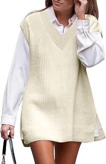 DEEP SELF Knit Vest Casual Side Slit White Oversized Sweater Vest V Neck  Pullover Tank Top at Amazon Women's Clothing store