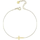 MIONZA 14k Solid Gold Cross Bracelet for Women, Bracelets, Real Gold Sideways Adjustable for Women, Christian Baptism Gift for Her