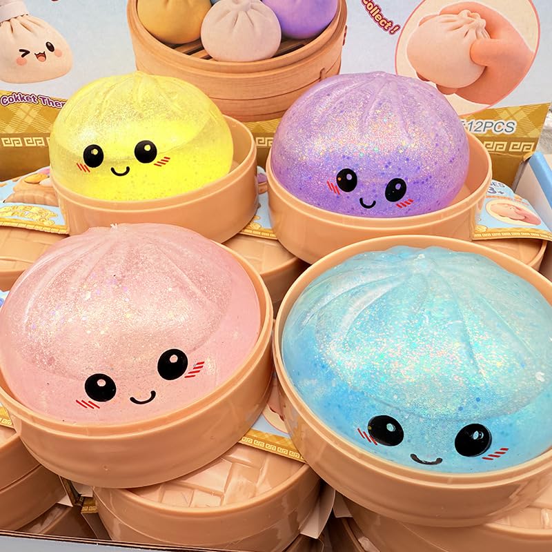 SLEEPHEAD®New Mystery Dumpling Squishy, Rare Glitter Dumpling Squishy– Random Surprise Stress Dumplings in Mini Steamer Basket (Color Random*3)