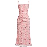 WDIRARA Girl's Floral Print Square Neck Mesh Sleeveless Ruched Cami Dress Party Bodycon Dresses