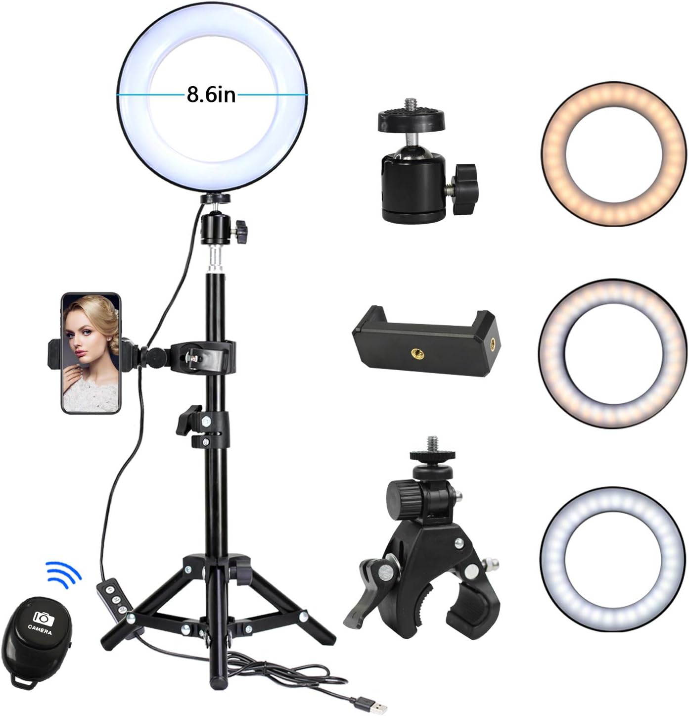 KTELE 8.6" Selfie Ring Light with Tripod Stand for YouTube Video and Makeup with Cell Phone Holder Desktop LED Lamp with 3 Light Modes & 11 Brightness Level ,Remote