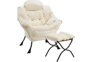 Congermom Lazy Chair with Folding Ottoman Modern Large Accent Chair,Contemporary Lounge Leisure Sofa Chair with Armrests Upholstered Sofa Armchair Reading Chair for Bedroom,Dorm & Office,Beige