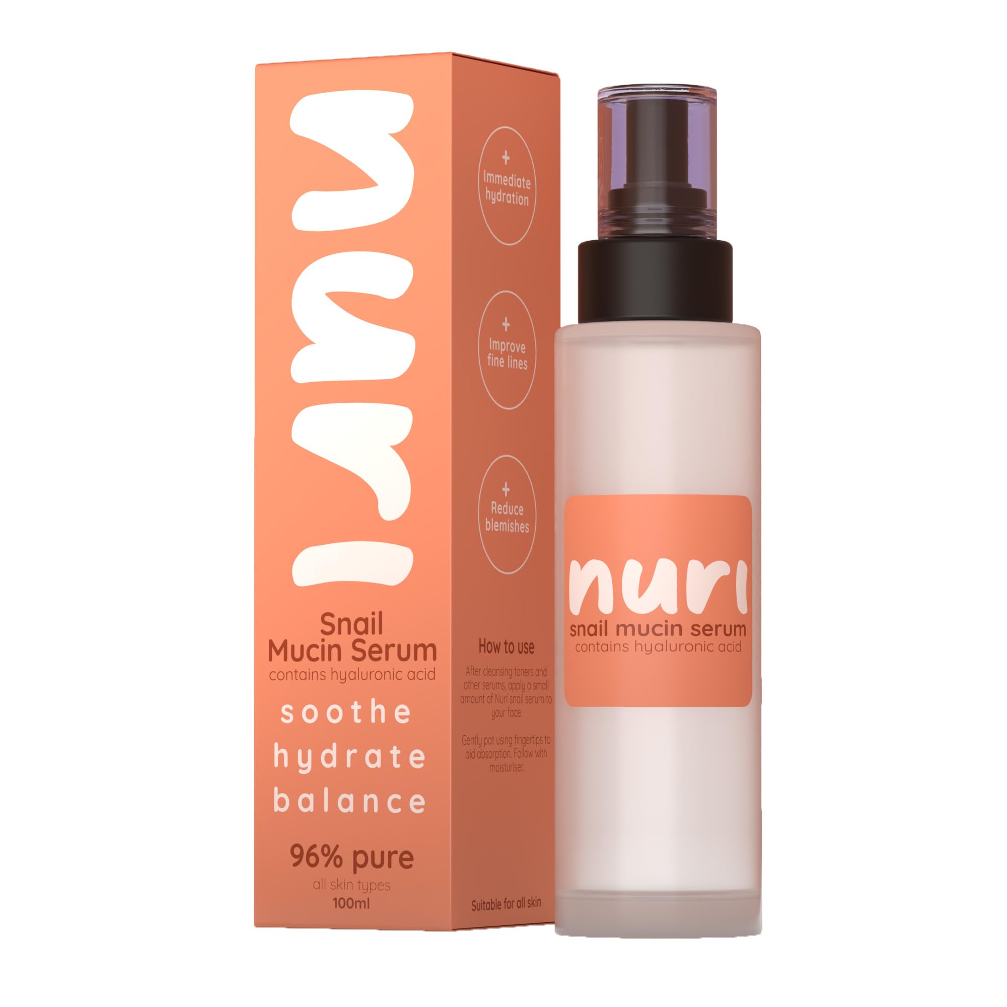 Nuri Snail Mucin Serum - Potent Serum Contains 96% Snail Mucin, Hyaluronic Acid - Smoothes Blemishes, Reduces Fine Lines - Pump for Easy Application - Ultra-Hydrating Korean Skincare Staple