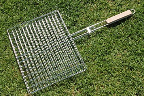 Barbecue Grill Basket with Wooden Handle - Easy Flip Grilling Accessory for Evenly Cooked Burgers, Hotdogs, Chicken, Steak, or Vegetables - Sturdy and Long Lasting Design - By Qornerstone