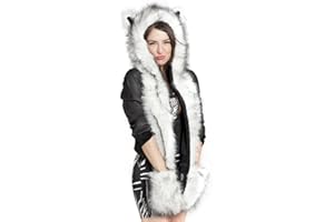 FAKEFACE Winter Animal Hat Faux Fur Hooded Scarf Cute Furry Ears Paw Gloves Pocket Hoodie Beanie Cap Party Costume for Women Girls