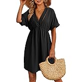Dokotoo Swimsuit Coverup for Women Hollow Out V Neck Short Sleeve Bathing Suit Bikini Beach Cover Ups Dress Vacation Outfits