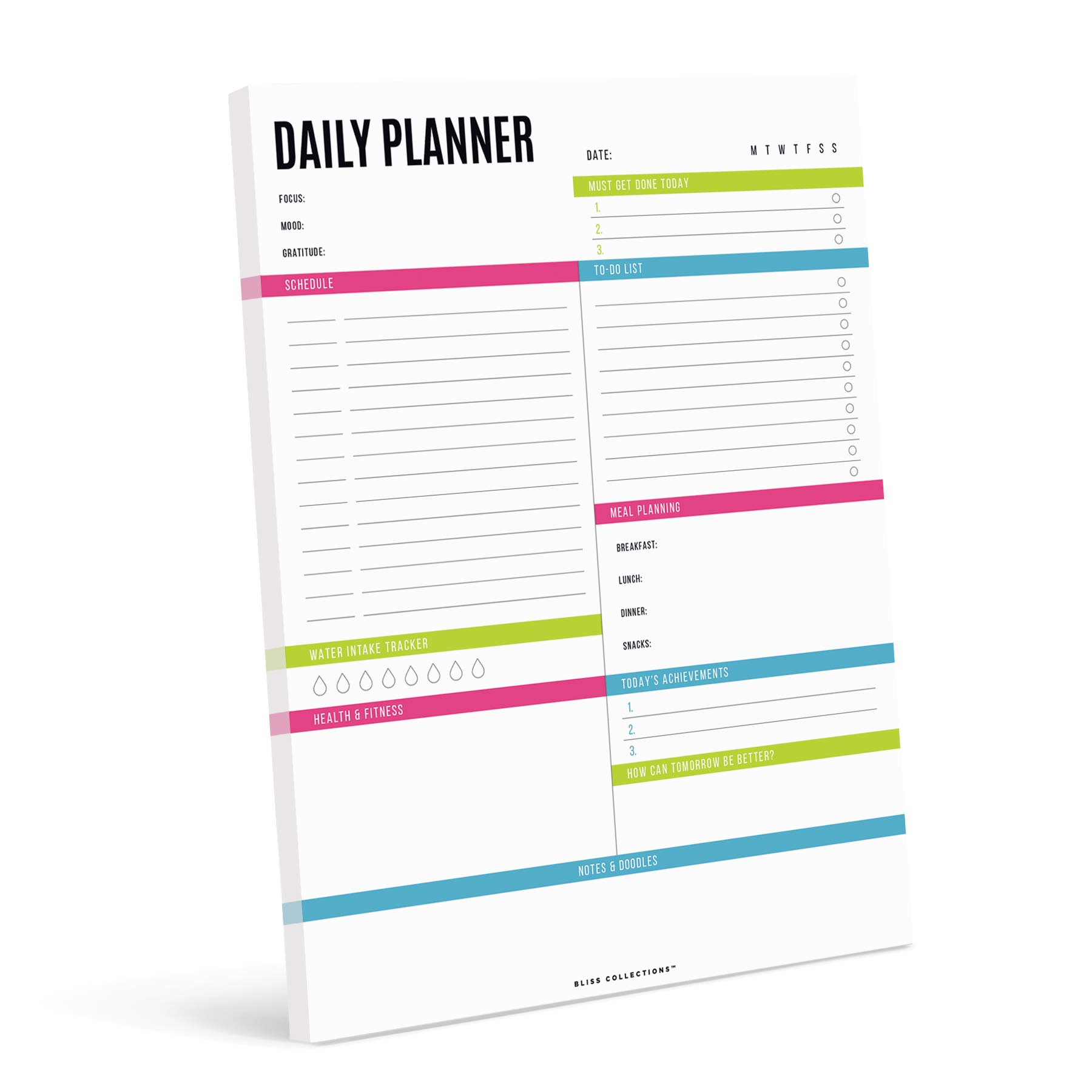 Bliss Collections Daily Planner with 50 Undated 210 x 297 mm Tear-Off Sheets, Vibrant Calendar, Organiser, Scheduler, Productivity Tracker, Meal Prep, Organise Tasks, Goals, Notes, Ideas, To Do Lists