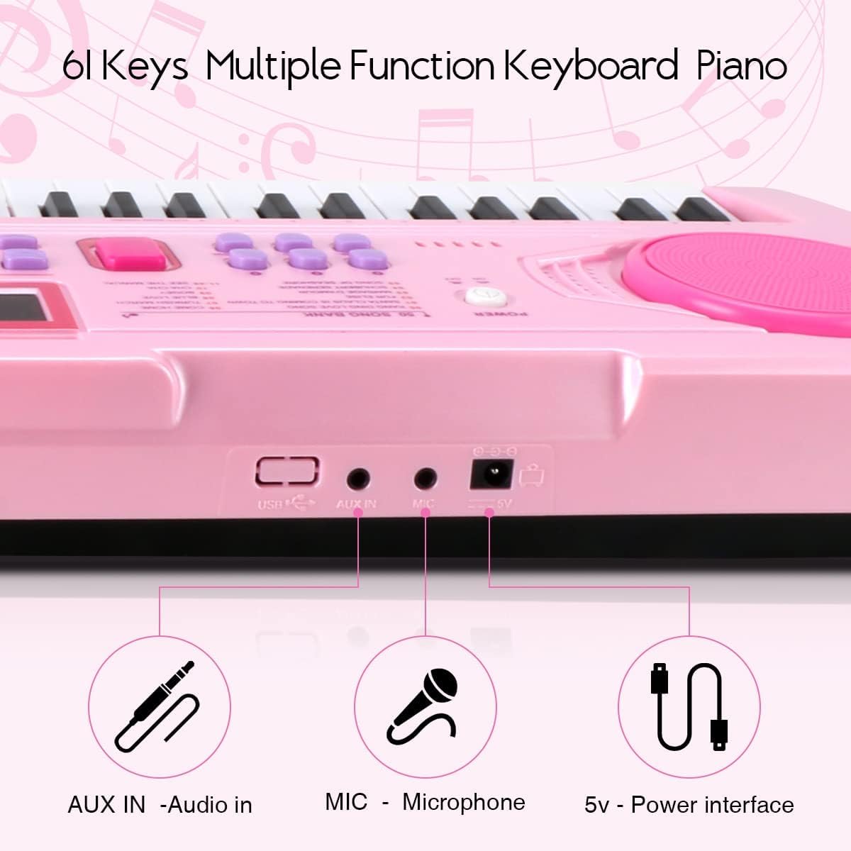 WOSTOO Kids Keyboard Piano, Portable 61 Keys Keyboard Electronic Digital Piano, Early Learning Educational Musical Piano Toy Keyboard for Beginners with Music Stand, Microphone (Pink) ?