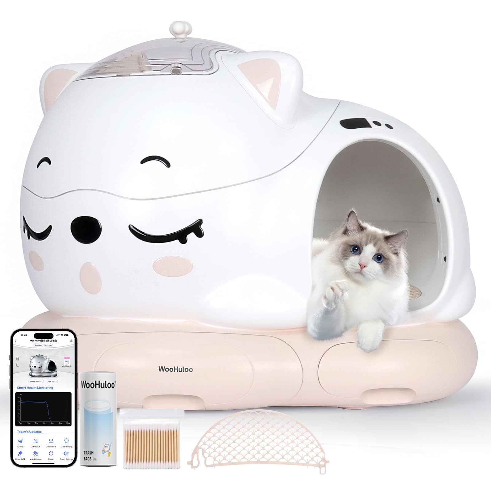 View 1 of Automatic Cat Litter Box Self Cleaning with AI & 21 Sensors,Extra Large 80L, for Large Cats & Multiple Cats, Dual Odor Control, Low-Entry Design, Quiet Motor, APP Control (White)