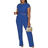 HBQ Women's Summer 2 Piece Outfits Lounge Sets Short Sleeve Belted Crop Tops Wide Leg Pant Sets Casual Tracksuit