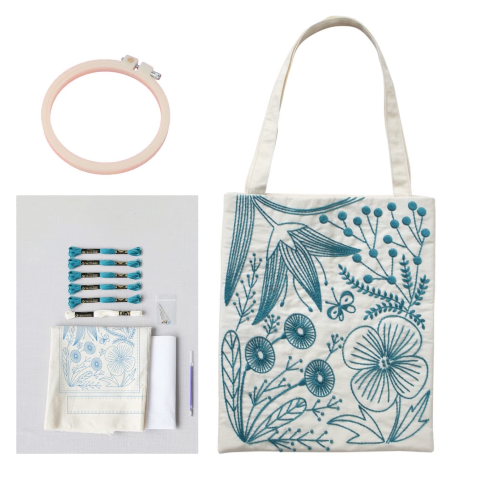 Photo 1 of Smart-Feather Flower Embroidery Kit Tote Bag, Hand Embroidery Kit for Adults Beginner with Embroidery Patterns, Embroidery Hoop,DIY Sewing Kit