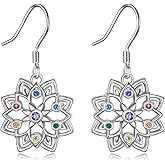 JERWLI Chakra Earrings 925 Sterling Silver Chakra Lotus Earrings Lotus Flower dangle Drop Earrings Yoga Jewelry Gift for Women