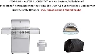 Allgrill TOP-LINE - ALL&#39;GRILL Chef “M mit Air System, Volledelstahl Steakzone®-Keramikbrenner mit 4 kW (bis 750° C) 2 Seitenkocher, Backburner 3+2 Edelstahl Brenner incl. Pizzaboxx und Abdeckhaube
