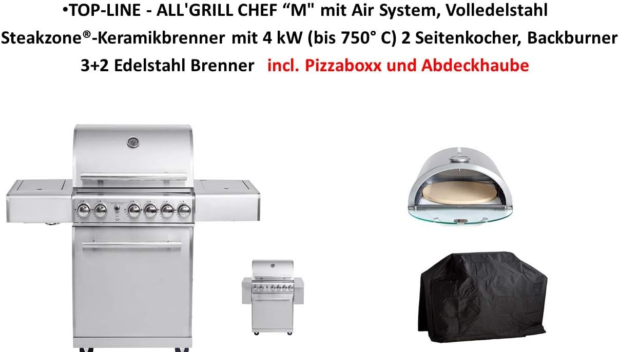 Allgrill TOP-LINE - ALL&#39;GRILL Chef “M mit Air System, Volledelstahl Steakzone®-Keramikbrenner mit 4 kW (bis 750° C) 2 Seitenkocher, Backburner 3+2 Edelstahl Brenner incl. Pizzaboxx und Abdeckhaube