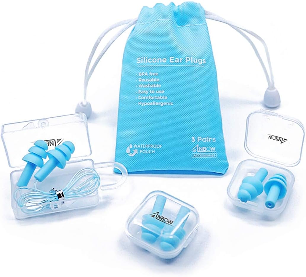 Reusable Silicone Ear Plugs - ANBOW Waterproof Noise Reduction Earplugs for Sleeping, Swimming, Snoring, Concerts, 32dB Highest NRR, 3 Pairs with Bonus Travel Pouch: Health & Personal Care