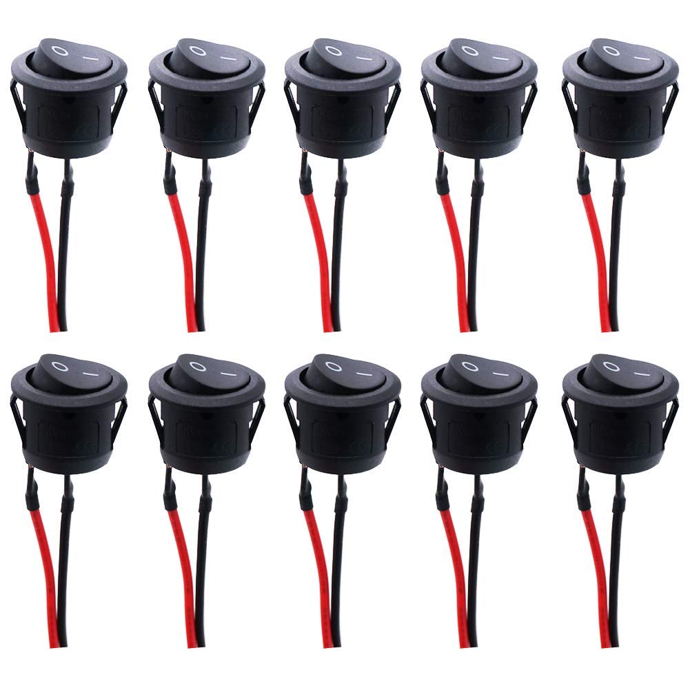 RUNCCI-YUN /10Pcs AC 6A/250V 10A/125V SPST 2 Pins 2 Position On/Off Car Boat Round Black Rocker Switch Toggle with Pre-soldered Wires for Car Truck Motorcycle Boat Marine