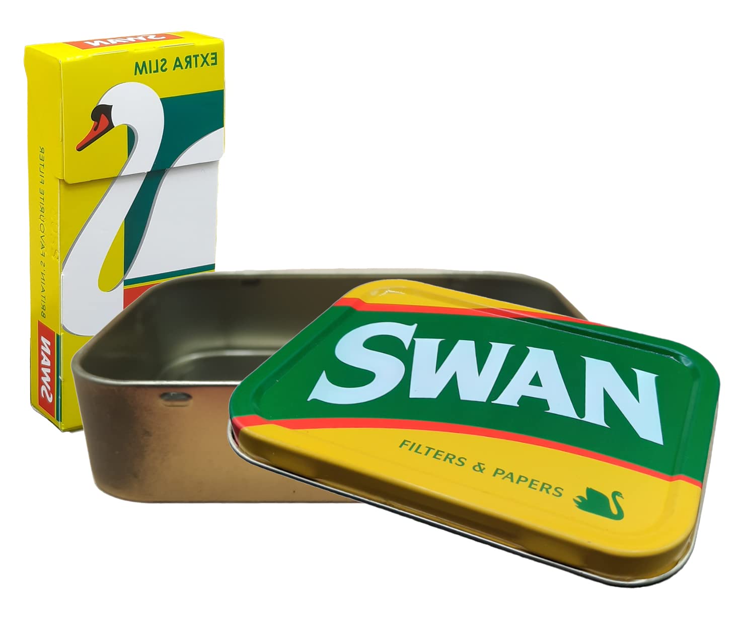 Swan Tobacco Tin 2oz with 120 Swan Extra Slim Filter Tips Roll up Baccy Kit for Smoking Men or Women Filters with Tobacco Storage Box